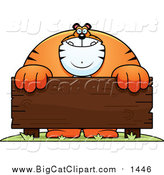 Big Cat Cartoon Vector Clipart of a Buff Tiger and a Wooden Sign by Cory Thoman