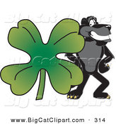 Big Cat Cartoon Vector Clipart of a Happy Black Jaguar Mascot Character with a Clover by Mascot Junction