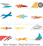 Big Cat Clipart of a Collection of Twelve Colorful Speed Icons of a Winged Envelope, Flaming Race Car, Tire, Blue Dove, Flying Jet, Super Hero, Rocket, Lightning Bolt, Rabbit, Runner, Cheetah and Sailboat, over a White Background by AtStockIllustration