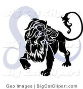 Big Cat Clipart of a Silhouetted Roaring Lion over a Blue Leo Astrological Sign of the Zodiac by AtStockIllustration