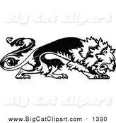 Big Cat Vector Clipart of a Black and White Floral Lion by Prawny Vintage