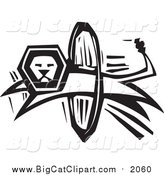 Big Cat Vector Clipart of a Black and White Lion Leaping Through a Hoop by Xunantunich